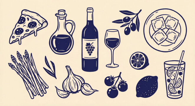 Vintage Italian food vector set, hand drawn Mediterranean cuisine icons, rustic wine and pizza illustrations for restaurant menu design