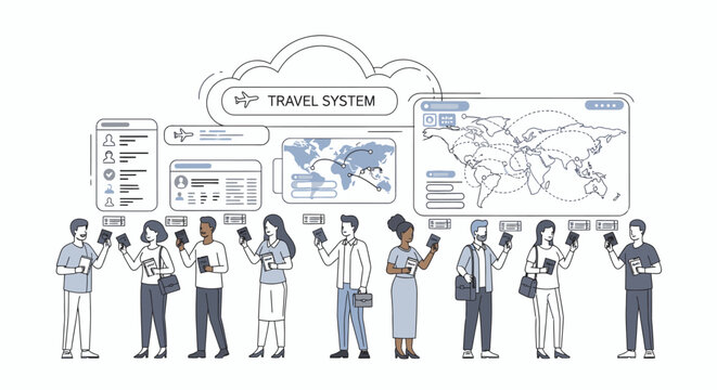 Illustration of a diverse group of people interacting with their devices under a travel system interface with a world map and various travel-related graphics.
