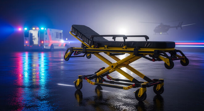 Empty yellow ambulance gurney on wet reflective pavement with emergency vehicle lights and helicopter, medical rescue and rapid intervention