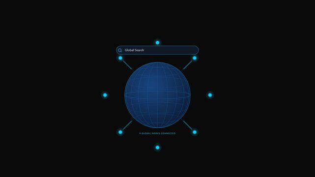 A futuristic graphic design of a blue globe with lines and dots on a black background
