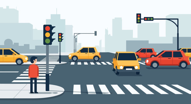 City Intersection Illustration: Cars, Traffic Lights, Pedestrian Crossing