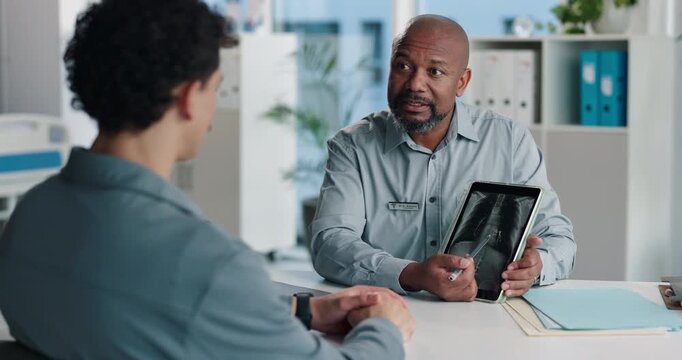 Tablet screen, xray and doctor with patient in office at hospital for treatment plan, healthcare or explaining. Technology, consultation and medical worker with person for radiology scan in clinic.