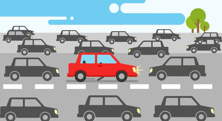 Naklejka premium Red car stands out in traffic jam illustration