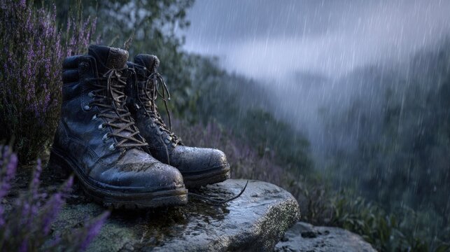 Muddy Hiking Boots on Wet Rock in Heavy Rain. Generative AI
