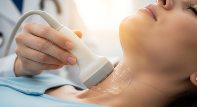Close up of ultrasound probe on patient neck with medical gel, thyroid diagnostic scan and endocrinology healthcare examination