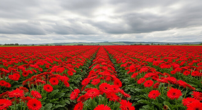 Red blooming gerbera field with cloudy sky stretching in rows across countryside, floriculture industry and nature landscape