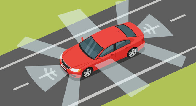 Red car with sensor system - self-driving vehicle isometric illustration