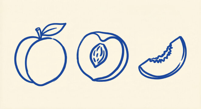 Minimalist peach fruit line art icons, blue hand drawn peach vector set, organic summer fruit illustrations for branding and packaging design