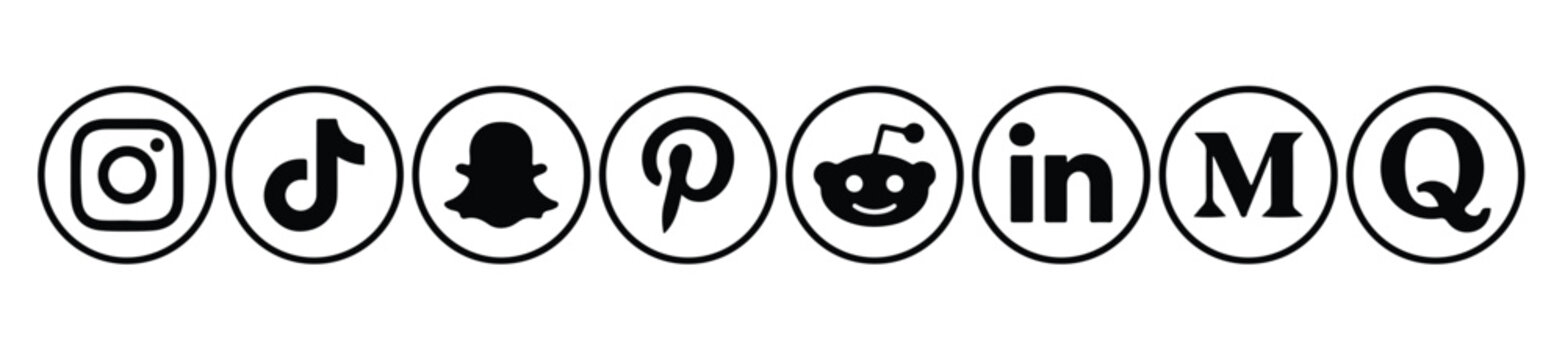 Social media logo icons. Instagram, TikTok, Snapchat, Pinterest, Reddit, LinkedIn, Medium & Quora.