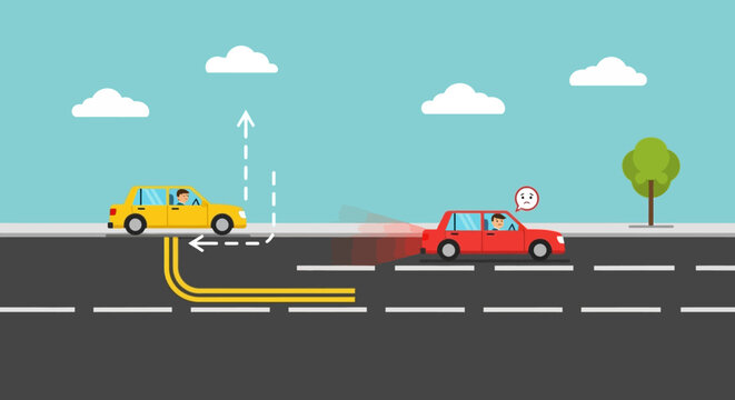 Road Safety: Yellow car overtaking red car, causing danger, flat design.