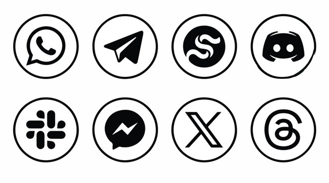 Popular social media logo icons. WhatsApp, Telegram, X, Discord, Slack, Messenger and Threads app.