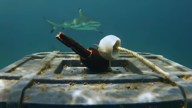 Sharks swim above caged bait in clear, underwater environment