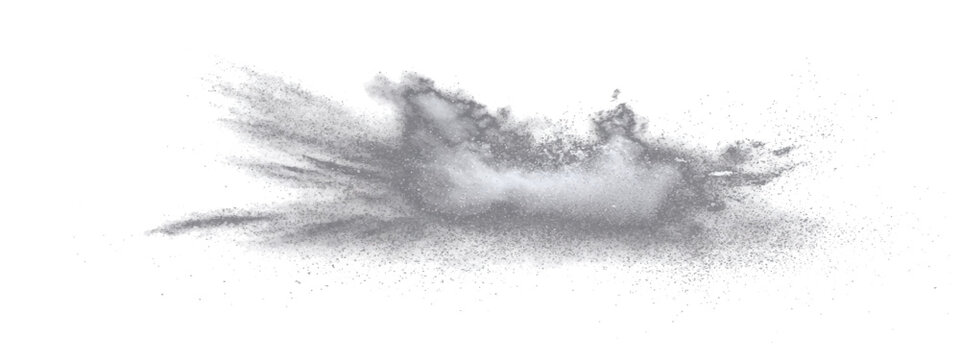 Explosive particle burst, abstract energetic dust cloud with dynamic dispersion, signifying sudden impact or chaotic release.