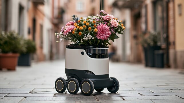 Kleiner Lieferroboter transportiert Blumen durch romantische Altstadtgasse