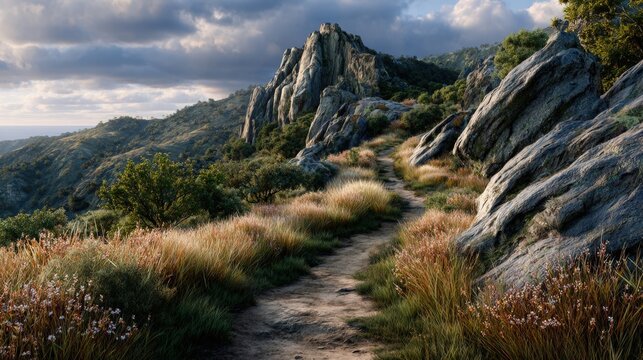 Scenic Mountain Trail Through Rocky Wilderness Landscape. Generative AI