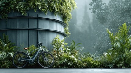 Naklejka premium Electric Bicycle Beside Green Modern Building in Lush Urban Garden. Generative AI
