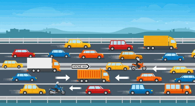 Traffic jam illustration: Cars and trucks on the road, congestion concept.