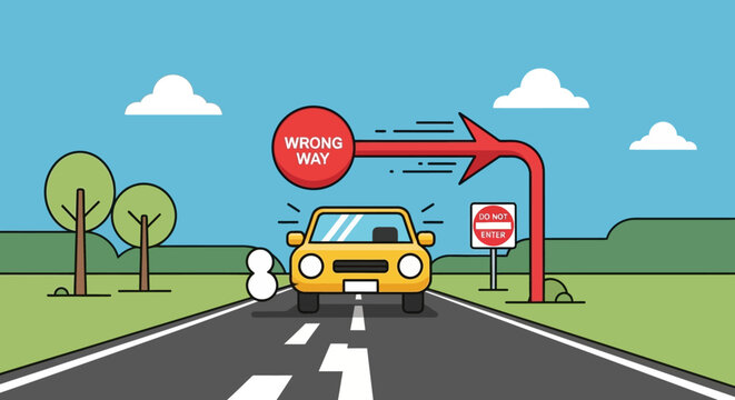 Cartoon car driving wrong way, illustrated road traffic sign