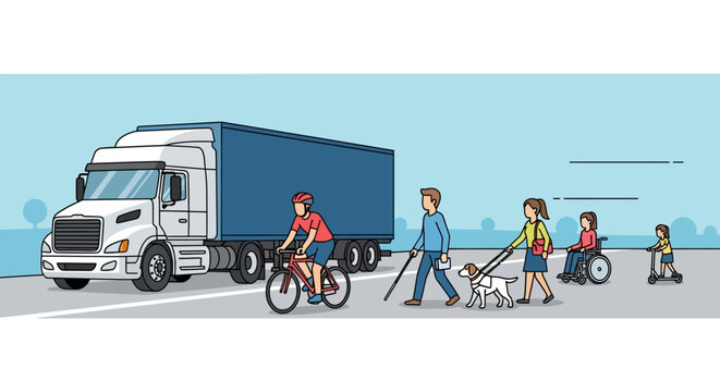 Diverse mobility in urban landscape: truck, cyclists, pedestrians, wheelchair users.