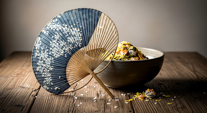 Wabi-sabi, a unfurled uchiwa (round fan) with a faded indigo pattern, leaning against a stoneware bowl of scattered chirashi sushi, a few grains of rice on the fan's paper surface