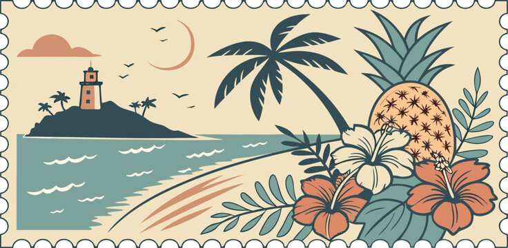 Tropical island with lighthouse and pineapple palm tree tropical lighthouse pineapple vacation paradise