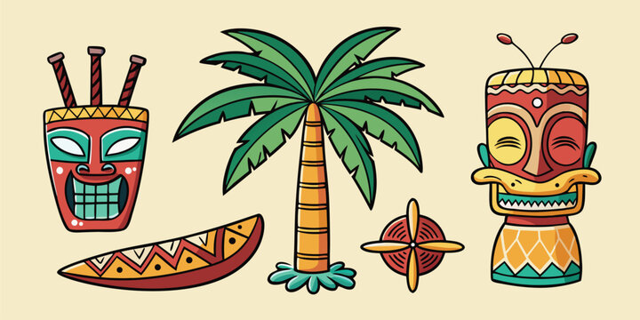 Tiki masks and palm tree with polynesian hawaiian tropical illustration decoration cultural sculpture