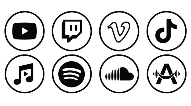 Social media streaming logo icons set. YouTube, Twitch, Vimeo, TikTok, Spotify, Amazon, SoundCloud.
