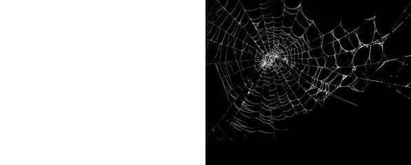 Spooky spider web overlay for Halloween on transparent and black background. © Creative Png