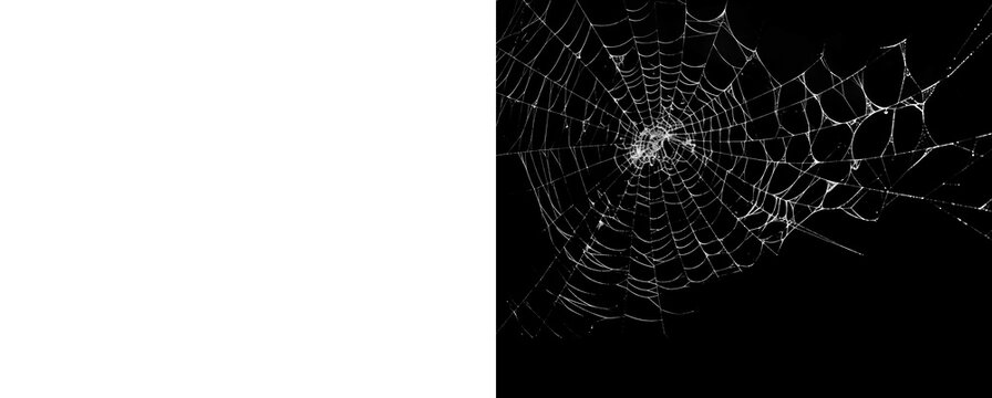 Spooky spider web overlay for Halloween on transparent and black background.