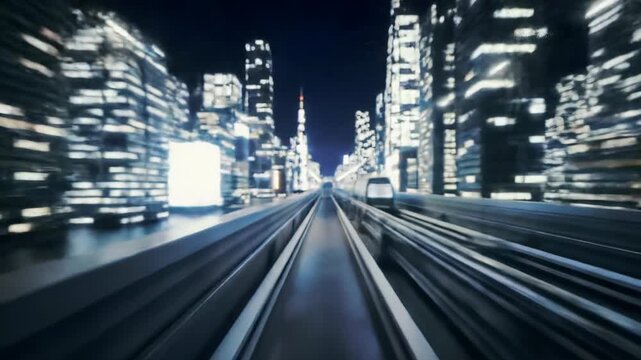 POV video from a sleek, futuristic monorail racing through a hyper-modern megacity at deep night. Luminescent skyscrapers, light trails, motion blur. High-energy cyberpunk aesthetic
