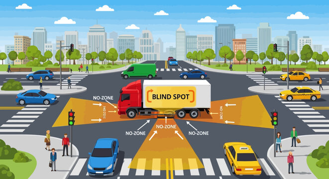 Truck's Blind Spot at Intersection: Road Safety Concept, Traffic Scene