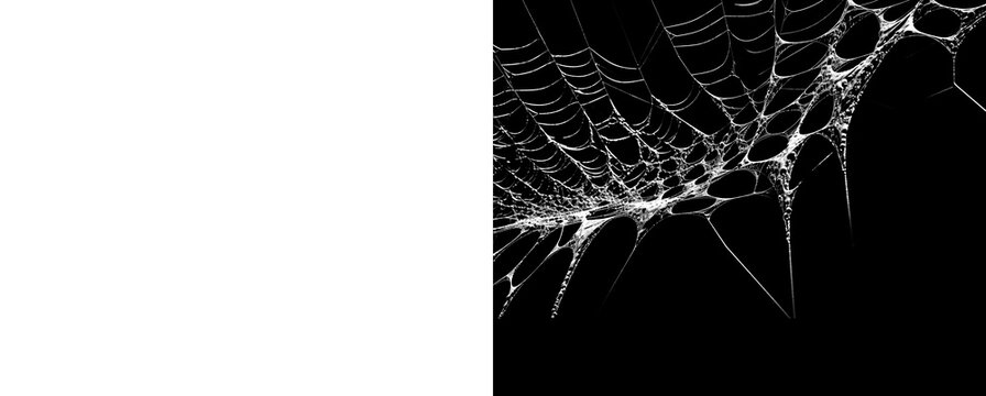 Torn spooky cobweb isolated on black and transparent backgrounds.