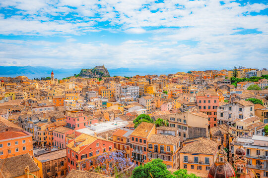 New Venetian Fortress in corfu city. Historic 16th-century Venetian fortified castle view on the city and the sea. Corfu, Greece