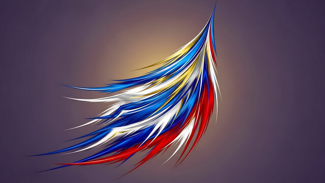 Abstract wing made of flowing feathers in red white and blue colors against a dark purple background