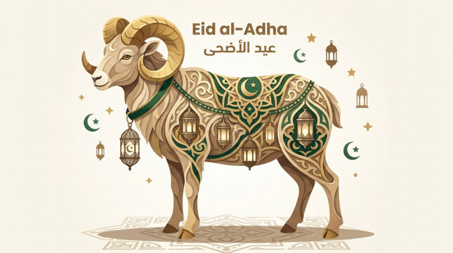 Detailed Eid al-Adha ram illustration with hanging lanterns and complex arabesque patterns
