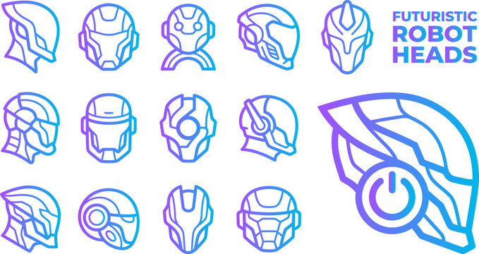 Collection of futuristic robot head icons for artificial intelligence and science fiction graphic design.