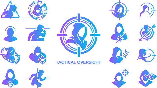 Tactical oversight and surveillance icons depicting hooded figures and targeting reticles.