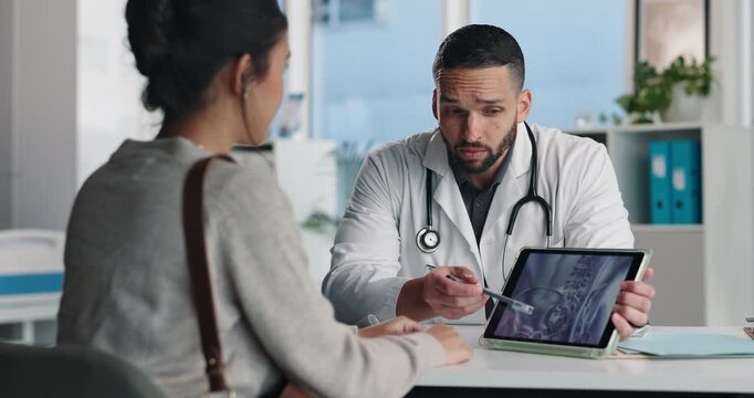 Doctor, patient and x ray with tablet screen, consultation or diagnosis for bone fracture in office. Healthcare worker, people and talk with tech, radiology scan or medical advice for injury recovery