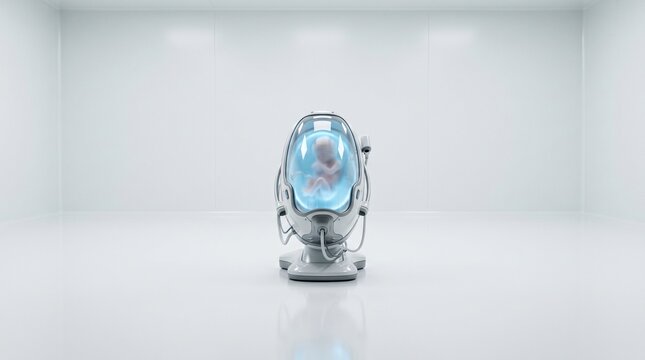 Human fetus developing in futuristic artificial womb pod within laboratory