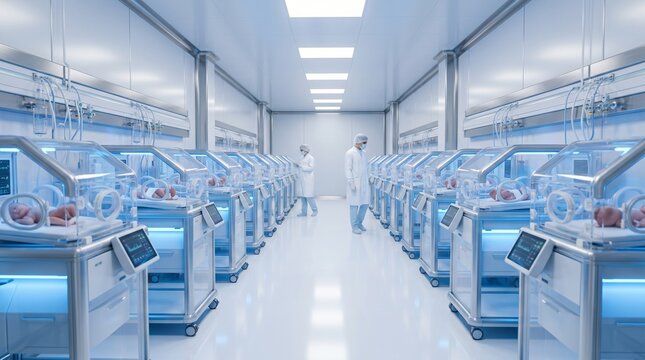 Medical professionals monitoring infants in futuristic laboratory incubator pods