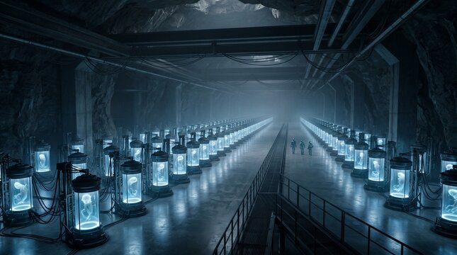 Group of scientists walking past human embryo pods in laboratory