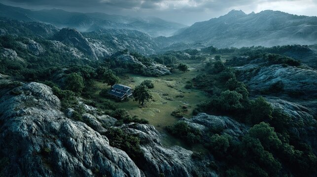 Dramatic Aerial Mountain Valley With Remote Cabin And Storm Clouds. Generative AI