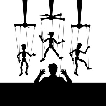 Silhouette Illustration of a Puppet Master Manipulating Three Marionette Dolls on Strings