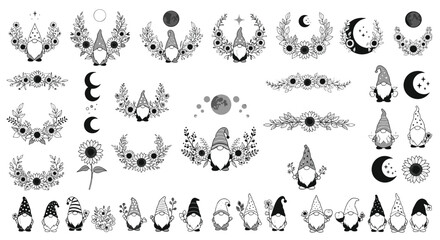 Obraz premium Large collection of mystical gnomes and floral wreaths combined with crescent moons and celestial symbols in a black and white graphic set.