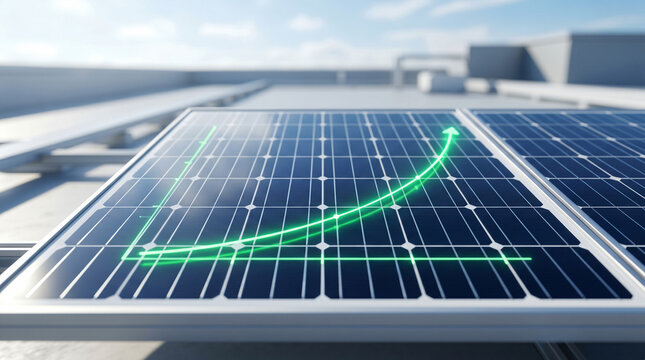 Solar panel with rising green arrow graph showing renewable energy growth concept on rooftop