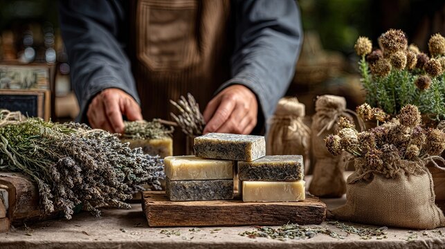 Rustic Handmade Herbal Soap with Dried Botanicals. Generative AI