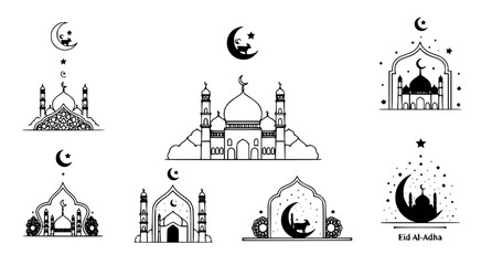 Eid Al-Adha Vector Illustration with Mosque, Crescent Moon, Stars, Lanterns, and Decorative Ornaments for Islamic Holidays, Greetings, and Stock Designs © HASINA