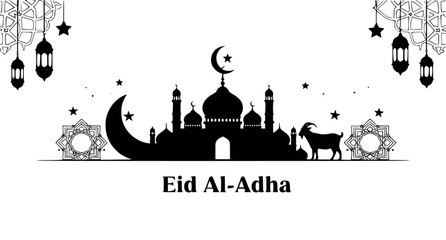 Eid Al-Adha Vector Illustration with Mosque, Crescent Moon, Stars, Lanterns, and Decorative Ornaments for Islamic Holidays, Greetings, and Stock Designs © HASINA