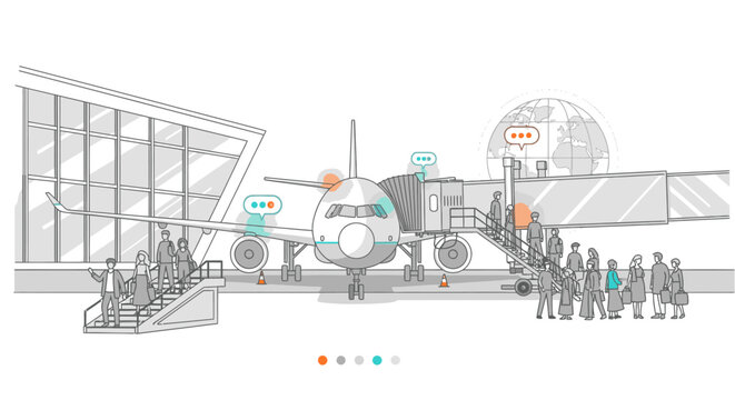 Line drawing of people boarding an airplane at a terminal with a globe in the background.