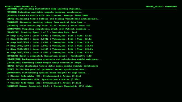 Neural Graph Engine Screen Displaying Deep Learning Model Optimization Progress and PyTorch Compiler Machine Training Epochs Log.
